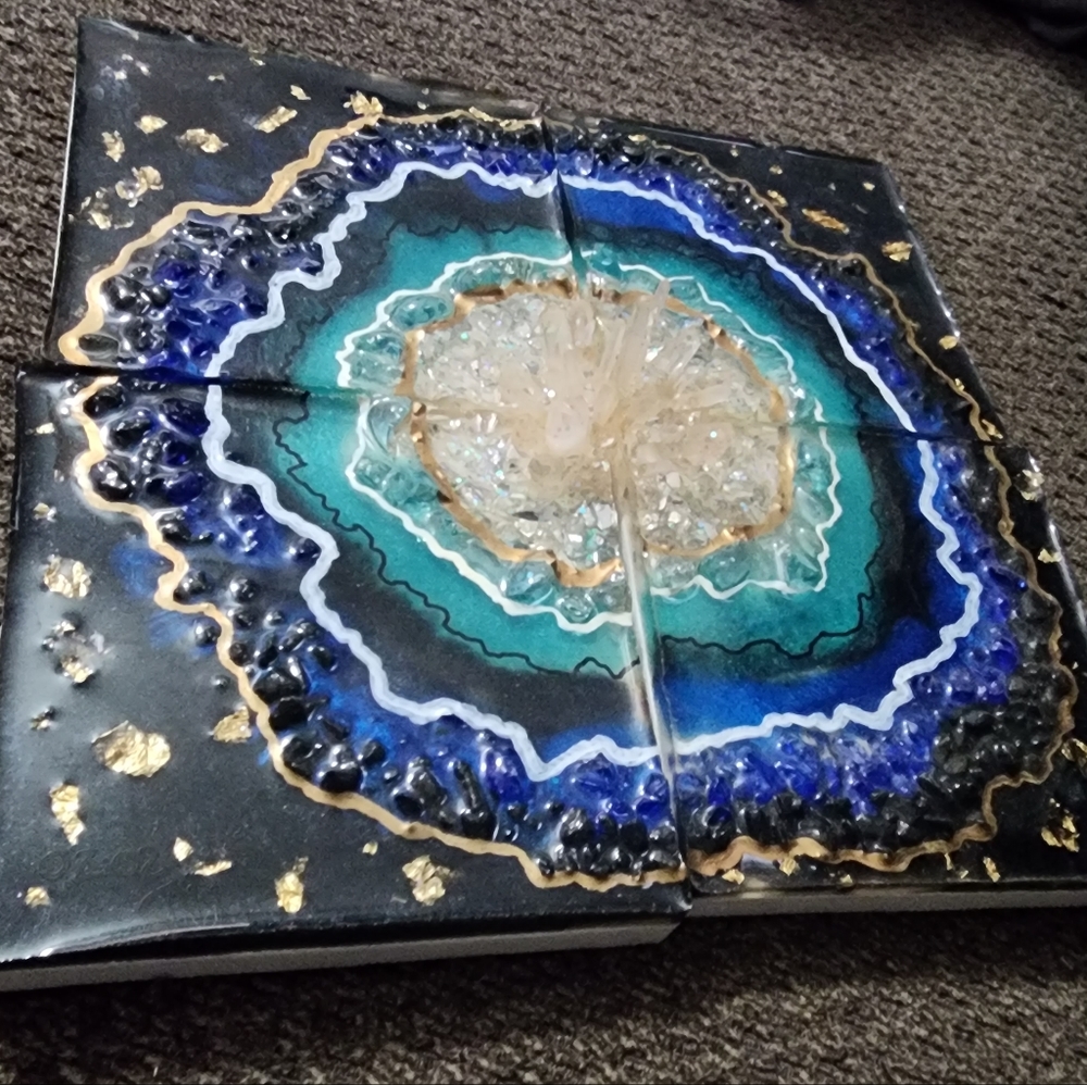 4 pc resin geode inspired wall art with real 24k gold flake and crystal quarts